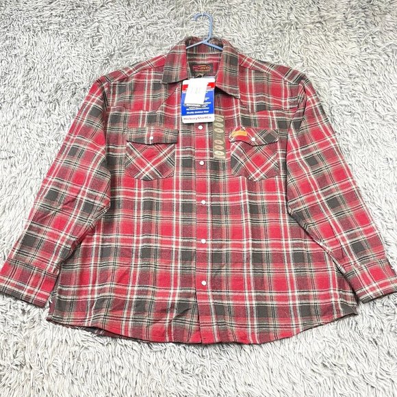 Hickory Shirt Co Men Extra Heavy Plaid Flannel Pearl Snap Red Black Tan 2XL NWT - Picture 1 of 8